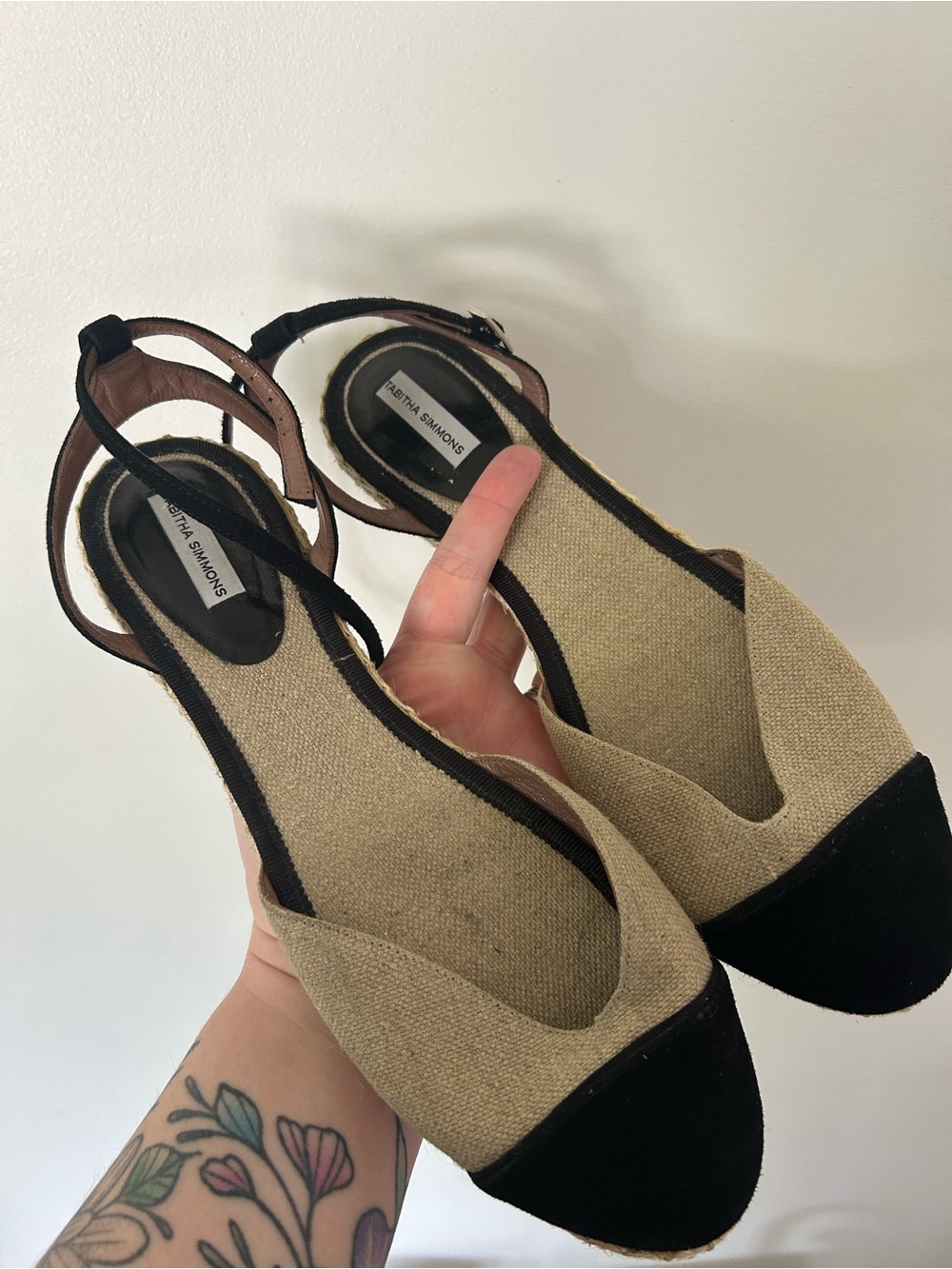 TABITHA SIMMONS natural linen black suede ankle strap flat espadrilles shoe 40
